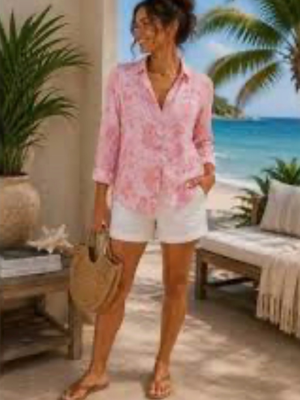 Cynthia Rowley European linen tropical print Pink Floral-Print Button Down Shirt
